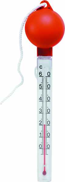 Badetermometer i plast med flydende orange bold.