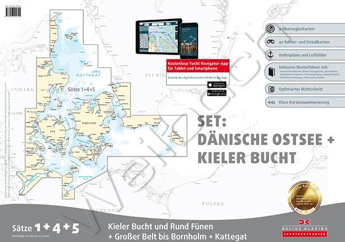 Søkort Sæt 1, 4 & 5 Sjælland rundt, Fyn rundt, den danske side af Kattegat, Kieler Bugt og Kieler kanalen.