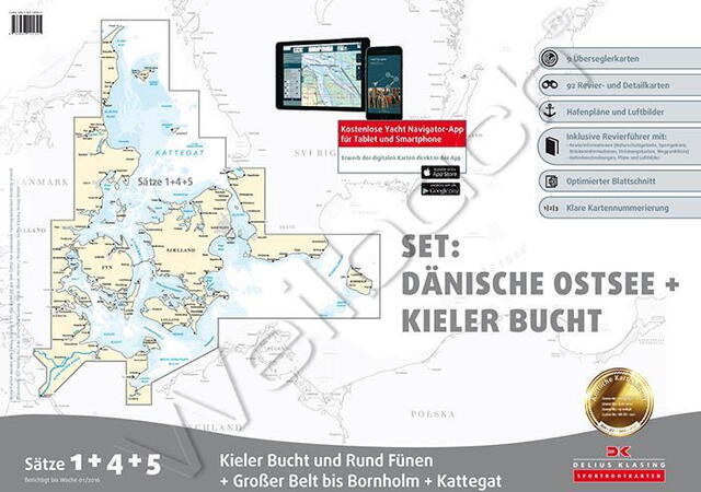 Seekarten-Set 1, 4 und 5 Seeland-Runde, Fünen-Runde, die dänische Seite des Kattegats, die Kieler Bucht und der Nord-Ostsee-Kanal.