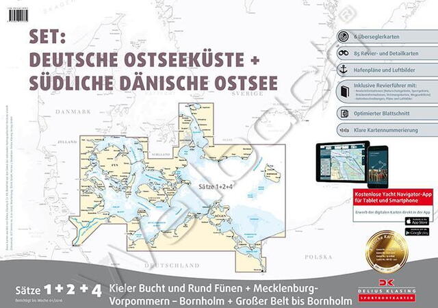 Seekarten Set 1, 2 &amp; 4 Mecklenburg-Vorpommern-Bornholm, Großer Belt-Bornholm, Kieler Bucht und Fünen.