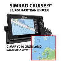 Simrad Cruise 9" m. 83/200 hæktransducer + C-Map Y040 Grønland-Søkort
